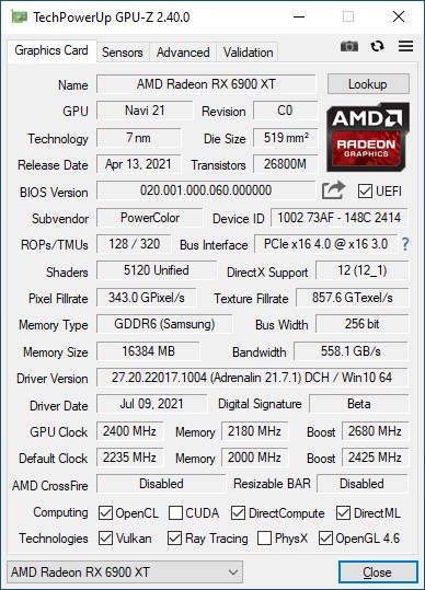 AMD Radeon RX 6900 XT review - Here we get the basic frequency of 2120 MHz by Game Clock. Meanwhile, Boost raises it to 2680 MHz